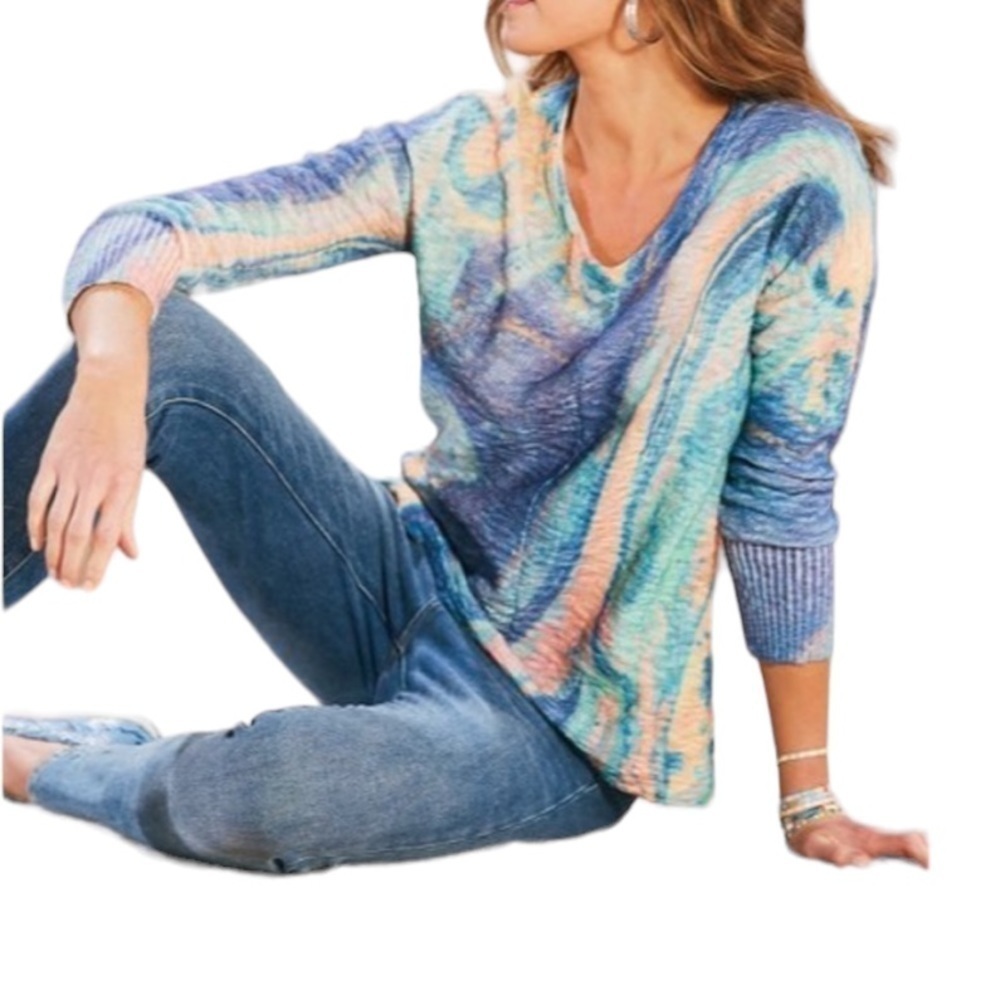 𝅺SOFT‎ Surroundings Womens Tallie Textured V-neck Sweater Multi Marbled Size XS